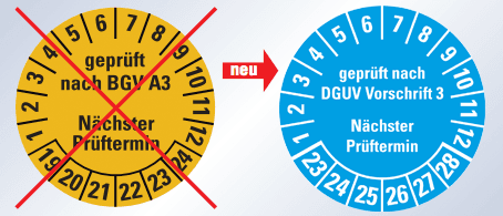 Prüfplakette alt nach BGV und neu nach DGUV