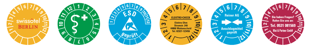 Kundenbeispiele für individuelle Prüfplaketten Kundenbeispiele für individuelle Prüfplaketten