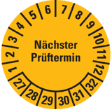 Prüfplakette Nächster Prüftermin 27-32, gelb, Dokufolie, Spezialkl., Ø 20mm, 36 / Bogen