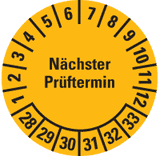 Prüfplakette Nächster Prüftermin 28-33, gelb, Dokufolie, Spezialkl., Ø 20mm, 36 / Bogen