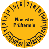 Prüfplakette Nächster Prüftermin 29-34, gelb, Dokufolie, Spezialkl., Ø 20mm, 36 / Bogen
