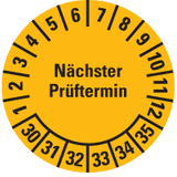 Prüfplakette Nächster Prüftermin 30-35, gelb, Dokufolie, Spezialkl., Ø 20mm, 36 / Bogen