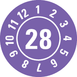 Prüfplakette 28, violett, Dokumentenfolie, selbstklebend, Ø 25mm, 105 / Heft