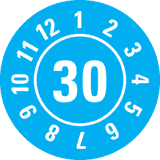 Prüfplakette 30, hellblau, Dokumentenfolie, selbstklebend, Ø 25mm, 105 / Heft