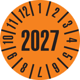 Prüfplakette 2027, orange, Dokumentenfolie, selbstklebend, Ø 20mm, 500 / Rolle