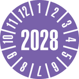 Prüfplakette 2028, violett, Dokumentenfolie, selbstklebend, Ø 20mm, 500 / Rolle