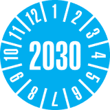 Prüfplakette 2030, hellblau, Dokumentenfolie, selbstklebend, Ø 20mm, 500 / Rolle