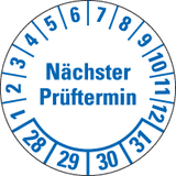 Prüfpl.Nä.Prüftermin 28-31, weiß, Folie, mit Spezialkleber, Ø 35mm, 10 / Bogen