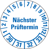 Prüfpl.Nä.Prüftermin 30-33, weiß, Folie, mit Spezialkleber, Ø 35mm, 10 / Bogen