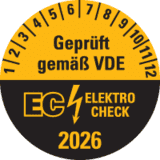 Prüfplakette Geprüft gemäß VDE EC ELEKTRO CHECK, 2026, Dokufolie, Ø20mm, 36 / Bogen