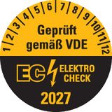 Prüfplakette Geprüft gemäß VDE EC ELEKTRO CHECK, 2027, Dokufolie, Ø20mm, 36 / Bogen