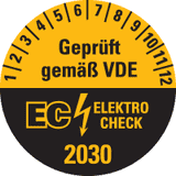 Prüfplakette Geprüft gemäß VDE EC ELEKTRO CHECK, 2030, Dokufolie, Ø20mm, 36 / Bogen