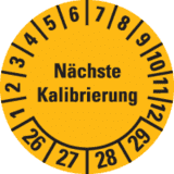 Prüfplakette Nächste Kalibrierung 26-29, gelb, Dokumentenfolie, Ø 20mm, 36 / Bogen