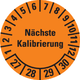 Prüfplakette Nächste Kalibrierung 27-30, orange, Dokumentenfolie, Ø 20mm, 36 / Bogen