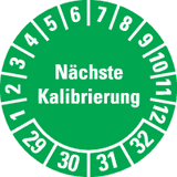Prüfplakette Nächste Kalibrierung 29-32, grün, Dokumentenfolie, Ø 20mm, 36 / Bogen
