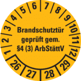 Prüfplakette Brandschutztür 26-29, gelb, Dokumentenfolie, Ø 30mm, 18 / Bogen