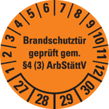 Prüfplakette Brandschutztür 27-30, orange, Dokumentenfolie, Ø 30mm, 18 / Bogen