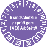 Prüfplakette Brandschutztür 28-31, violett, Dokumentenfolie, Ø 30mm, 18 / Bogen