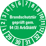 Prüfplakette Brandschutztür 29-32, grün, Dokumentenfolie, Ø 30mm, 18 / Bogen
