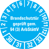 Prüfplakette Brandschutztür 30-33, hellblau, Dokumentenfolie, Ø 30mm, 18 / Bogen