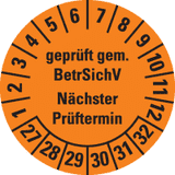 Prüfpl. BetrSichV nächster Prüftermin, 27-32, orange, Dokufolie, Ø30mm, 18 / Bogen