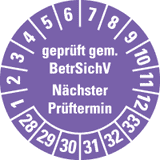 Prüfpl. BetrSichV nächster Prüftermin, 28-33, violett, Dokufolie, Ø30mm, 18 / Bogen