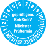 Prüfpl. BetrSichV nächster Prüftermin, 30-35, hellblau, Dokufolie, Ø30mm, 18 / Bogen