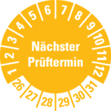 Prüfplakette Nächster Prüftermin 26-31, gelb, Schachbrettfolie, Ø 30mm, 18 / Bogen