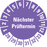 Prüfplakette Nächster Prüftermin 28-33, violett, Schachbrettfolie, Ø 30mm, 18 / Bogen
