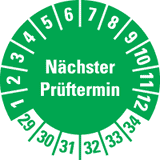 Prüfplakette Nächster Prüftermin 29-34, grün, Schachbrettfolie, Ø 30mm, 18 / Bogen