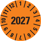 Prüfplakette 2027, orange, Dokumentenfolie, selbstklebend, Ø 15mm, 60 / Bogen