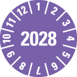 Prüfplakette 2028, violett, Dokumentenfolie, selbstklebend, Ø 15mm, 60 / Bogen