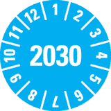Prüfplakette 2030, hellblau, Dokumentenfolie, selbstklebend, Ø 15mm, 60 / Bogen