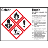 Gefahrstoffetikett Benzin UN 1203, GefStoffV / GHS / CLP, 148 x 105mm, 4 / Bogen
