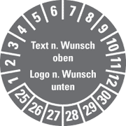 Mehrjahresprüfplakette nach Wunsch, Text oben/Logo unten mit Monatsring