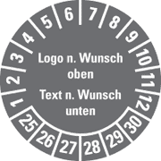Mehrjahresprüfplakette nach Wunsch, mit Logo oben/Text unten und Monatsring