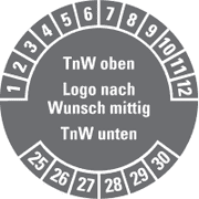 Mehrjahresprüfplakette nach Wunsch, Text oben/unten, Logo mittig und Monatskranz