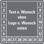 Mehrjahresprüfplakette (quadratisch) nach Wunsch, Text oben und Logo unten