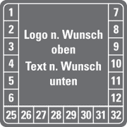 Mehrjahresprüfplakette (quadratisch) nach Wunsch, mit Logo oben und Text unten
