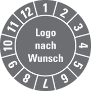 Jahresprüfplakette nach Wunsch, mit Logo und Monatsring
