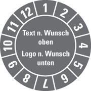 Jahresprüfplakette nach Wunsch, mit Text oben/Logo unten und Monatsring