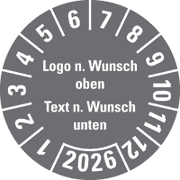 Jahresprüfplakette nach Wunsch, mit Logo oben/Text und Jahreszahl unten