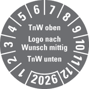 Jahresprüfplakette nach Wunsch, Text oben, Logo mittig, Text/Jahreszahl unten