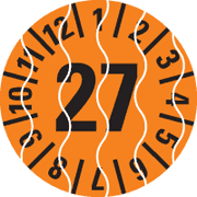 Prüfplakette 27, orange, Sicherheitsfolie, selbstklebend, Ø 15mm, 60 / Bogen