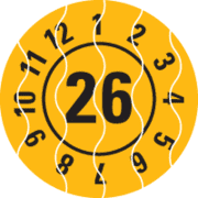 Prüfplakette 26, gelb, Sicherheitsfolie, selbstklebend, Ø 25mm, 21 / Bogen
