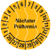Prüfplakette Nächster Prüftermin 26-31, gelb, Sicherheitsfolie, Ø 20mm, 36 / Bogen