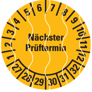 Prüfplakette Nächster Prüftermin 27-32, gelb, Sicherheitsfolie, Ø 20mm, 36 / Bogen