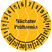 Prüfplakette Nächster Prüftermin 28-33, gelb, Sicherheitsfolie, Ø 20mm, 36 / Bogen