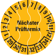 Prüfplakette Nächster Prüftermin 29-34, gelb, Sicherheitsfolie, Ø 20mm, 36 / Bogen