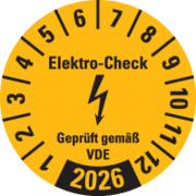 Prüfplakette Elektro- Check Geprüft...,2026, gelb, Dokumentenfolie, Ø 30mm, 18 / Bogen
